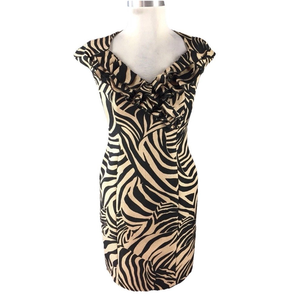 Kay Unger‎ S 12 Zebra Brown Black Animal Print Sheath dress Career Cocktail Date
